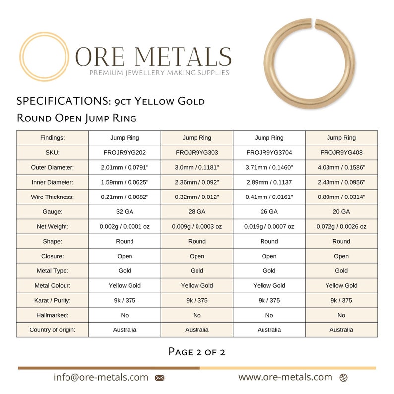 May include: Specifications for 9 karat yellow gold round open jump rings in various sizes. The table lists the SKU, outer diameter, inner diameter, wire thickness, gauge, net weight, shape, closure, metal type, metal color, karat/purity, hallmarked, and country of origin.