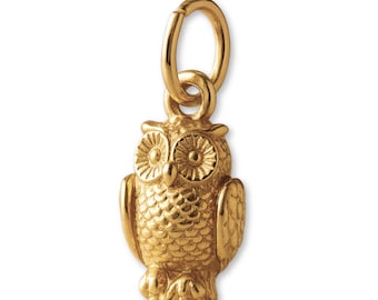 Solid 9ct Yellow Gold Woodland Owl Charm - Animal Charms - 9k / 375 Gold Charms for Necklaces, Bracelets and Earrings
