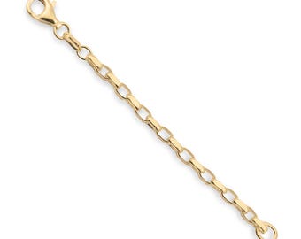 May include: A gold chain extender featuring a series of polished oval links connected in a row. One end of the chain is finished with a secure lobster claw clasp, while the other end features a single circular jump ring for attachment.