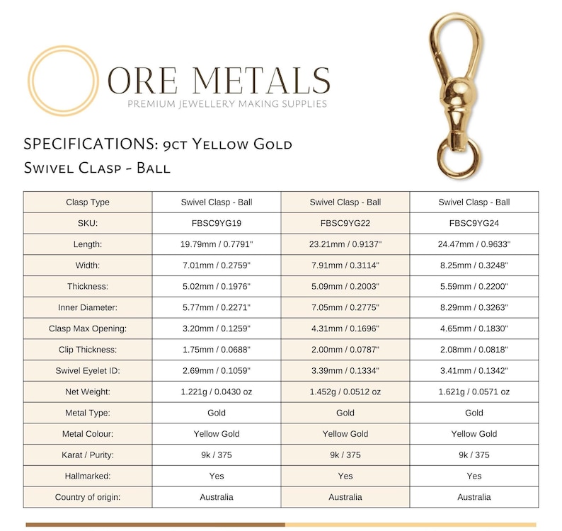 May include: A 9ct yellow gold ball swivel clasp for jewelry making. The image includes a technical specification table listing three sizes with lengths ranging from 0.7791 to 0.9633 inches and widths from 0.2759 to 0.3248 inches, all hallmarked.