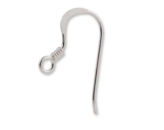 May include: A silver-toned metal earring hook featuring a curved wire design, a small coiled spring detail, and a circular loop at the bottom for attaching jewelry components. The earring finding has a smooth, polished finish.