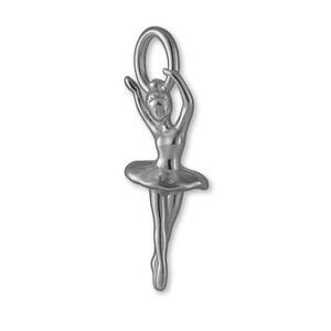 May include: A silver-colored charm in the shape of a ballerina. The charm features a dancer with arms raised, wearing a tutu. The charm has a loop at the top for attachment to a necklace or bracelet. The ballerina charm is a classic jewelry design.