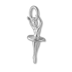 May include: A silver charm in the shape of a ballerina. The charm features a dancer with arms raised, wearing a tutu. The charm is designed with fine details and is suitable for a necklace or bracelet.