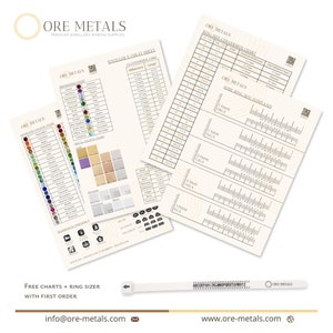 May include: A set of charts and templates for jewelers, featuring gemstone color charts, metal color charts, ring size conversion charts, and wire ring size templates. The charts are printed on white paper with black text and are organized in columns and rows. The charts are titled "Gemstone Color Chart", "Metal Color Chart", "Ring Size Conversion Chart", and "Wire Ring Size Templates".