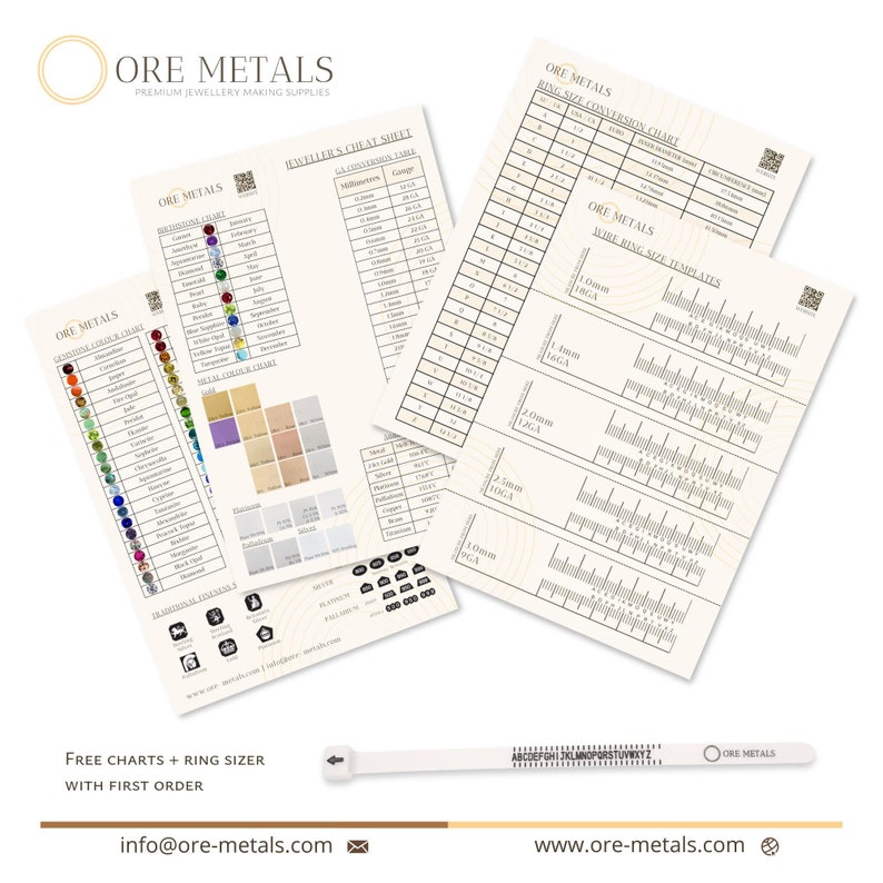 May include: A set of charts and templates for jewelers, featuring gemstone color charts, metal color charts, ring size conversion charts, and wire ring size templates. The charts are printed on white paper with black text and are organized in columns and rows. The charts are titled "Gemstone Color Chart", "Metal Color Chart", "Ring Size Conversion Chart", and "Wire Ring Size Templates".
