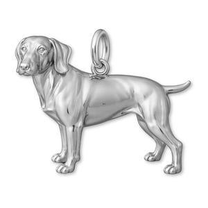Op de afbeelding: Een zilveren hanger in de vorm van een hond, waarschijnlijk een Vizsla, staand met zijn staart omhoog. De hanger heeft een lus voor een ketting. De hond is realistisch gedetailleerd.