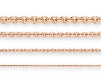May include: Four horizontal rose gold cable chains of varying thicknesses are displayed in a parallel arrangement. Each chain consists of a series of uniform, rounded oval links connected in a continuous, repeating pattern across the frame.