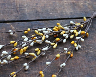 Yellow & Ivory Pip Berry Picks (Set of 3), 12 inch Berry Sprays, Primitive Floral Decor