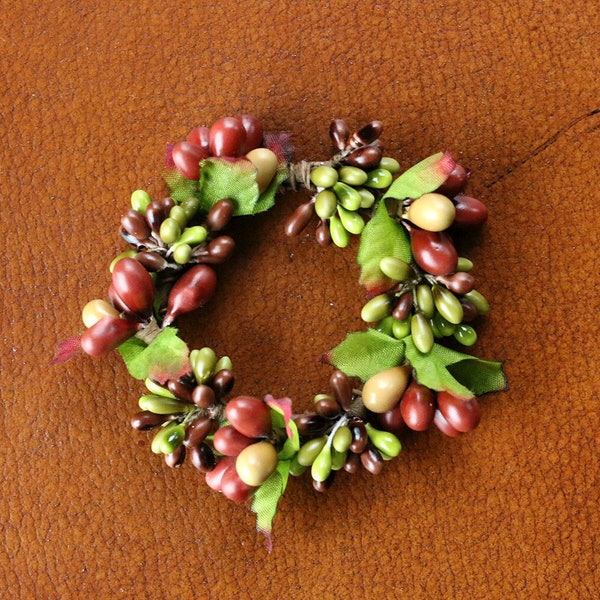 1.5 inch Candle Rings (Set of 2), Brown & Green Mini Wreaths, Berry Napkin Rings, Taper or Chandelier Rings