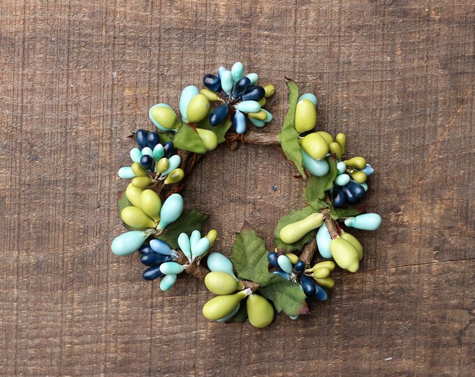 Berry Candle Rings set of 2, Aqua Green & Blue 1.75 Inch Mini Wreaths, Berry Napkin Rings