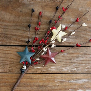 Patriotic Pip Berry & Star Picks (Set of 2), Navy Burgundy Ivory Pip Berry Floral, 11 inch Floral Spray, Primitive Decor
