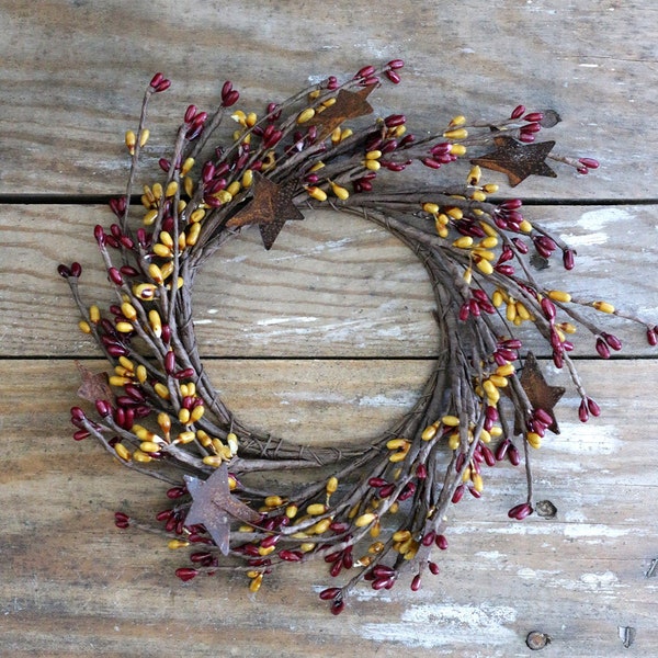 Pillar Candle Ring, Burgundy Gold Pip Berry & Rusty Stars 4 inch Wreath, Primitive Decor Floral Supply