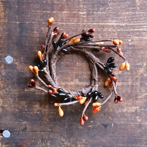 Taper Candle Ring, Orange Black & Brown 1.5 inch Mini Berry Wreath, Primitive Pip Berry Floral Rins for Chandelier