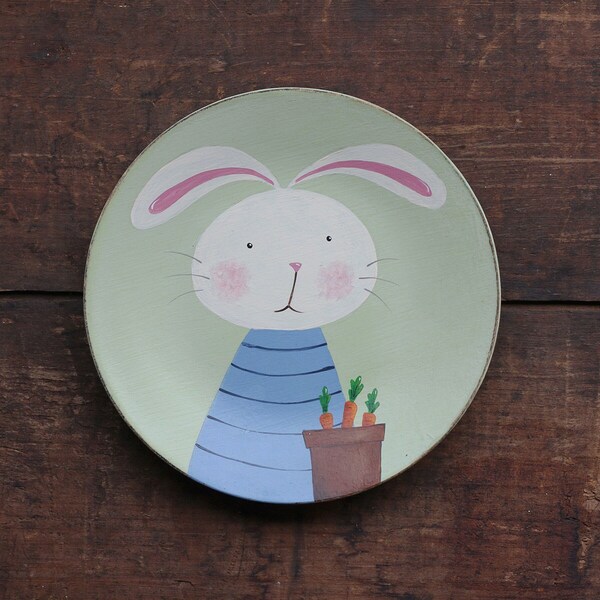 Bunny with Carrots Wood Plate, Primitive Spring Decor, Hand Painted Decorative Plate