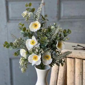 Artificial Floral Pick, Cream & Yellow Poppy and Greenery Bush, Summer Decor, Floral Supply