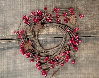 Pip Berry Candle Rings (Set of 2), 2 inch Burgundy Pip Berry Ring with Rusty Stars, Primitive Floral Decor