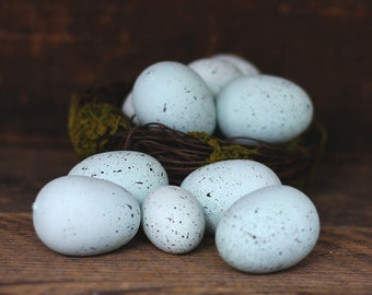 Faux Speckled Eggs Set of 12, Robin's Egg Blue Artificial Bird Eggs, Primitive Easter Decor