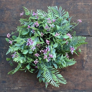 Spring Pillar Candle Ring, Pink Fernshot Blooms Floral 3 inch Wreath, Wedding Tabletop Decor
