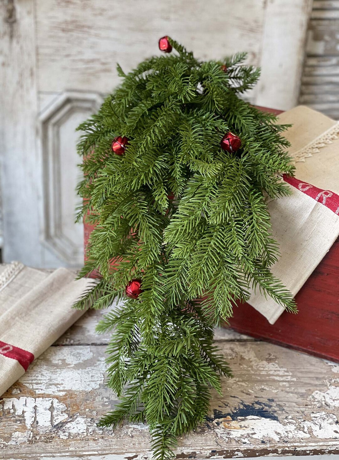 Christmas Floral Swag, Belfry Pine 30 Inch Hanging Bush With Red Jingle