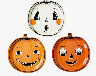 Halloween Paper Plates, Vintage Jack o'Lantern 8 inch Plates (Pack of 9), Retro Party Decor
