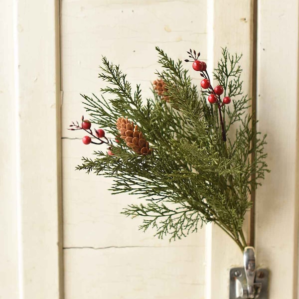 Christmas Floral Pick, Alpine Cedar with Red Berries 18 inch Pick, Artificial Greenery, Holiday Decor