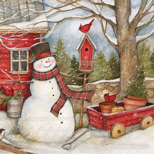 Paper Cocktail Napkins, Snowman Barn Paper Napkins, Christmas Party Decor, Pack of 20, Paper Beverage Napkins for Decoupage