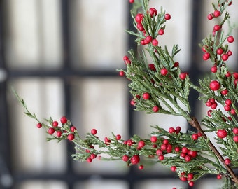 Holiday Decor Christmas Floral Pick Crimson Tidings Cedar with Red Berries 18 inch Pick Artificial Greenery