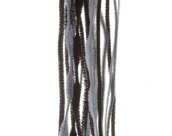 May include: A bundle of black and gray pipe cleaners against a white background. The pipe cleaners are arranged vertically, with some intertwined. The texture of the pipe cleaners is visible, showing their fuzzy, flexible nature.