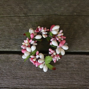 1.5 inch Candle Rings (Set of 2), Pink & Ivory Mini Wreaths, Berry Napkin Rings, Taper or Chandelier Rings