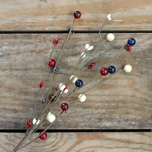 Patriotic Berry Picks (Set of 3), Navy Burgundy Ivory Pip Berry Floral, 12 inch Americana Floral Spray, Primitive Floral Arranging Supply