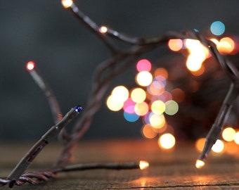 Primitive Rice Lights, Americana 140 ct Teeny Lights on Brown Cord, Red Clear and Blue Electric String Lights, Patriotic Christmas Lights