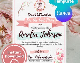 Mom Award Certificate | Editable Canva Template (Digital Download)