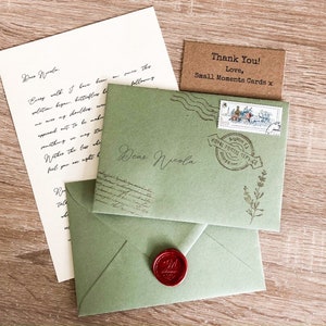 Carta de amor verde vintage | Envelope lacrado com cera, cartão feito à mão, relacionamento à distância, presente feito à mão, personalizado, presente de aniversário