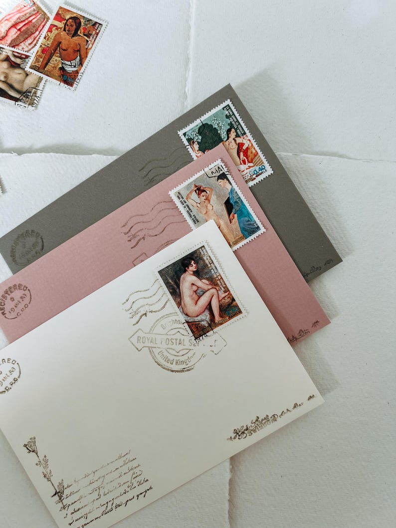 DIY Letter Writing Kit: Vintage Stamps, Wax Seals, Stationery Set Green, pink & ivory