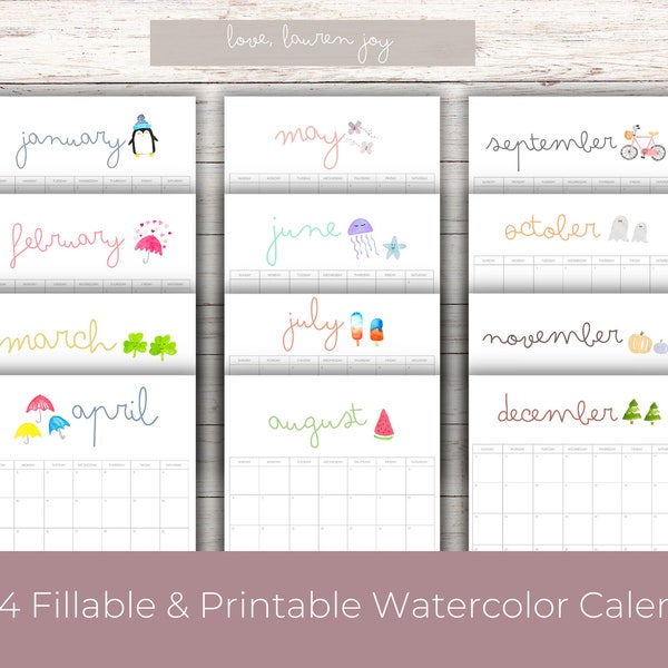 2024 Fillable Printable Watercolor Monthly Calendar | 8.5 X 11 | Portrait