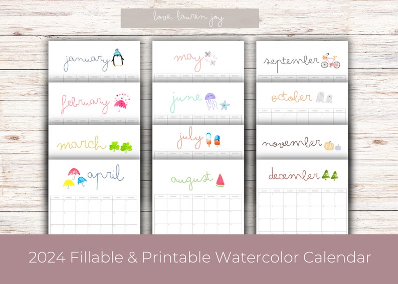 2024 Fillable Printable Watercolor Monthly Calendar 8.5 X 11 Portrait ...