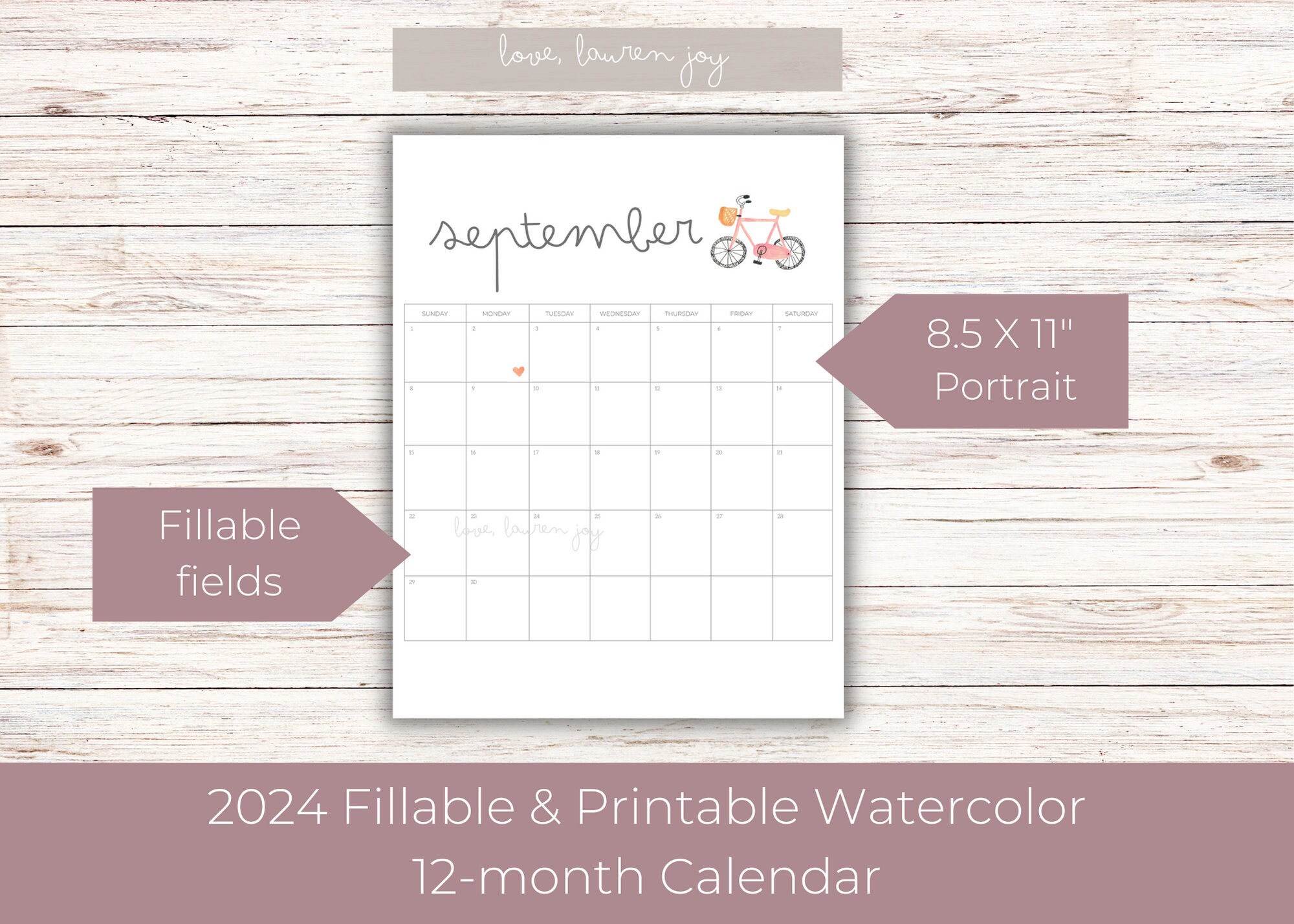 2024 Fillable Printable Watercolor Monthly Calendar 8.5 X 11 Portrait ...