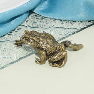 May include: A small, detailed bronze frog figurine. The frog is sitting on a glass surface with a decorative pattern. The frog is facing the right side of the image.