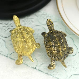 Op de afbeelding: Twee kleine gouden schildpadbeeldjes. De schildpadden zijn naar tegenovergestelde richtingen gericht en hebben gedetailleerde schildpatronen.