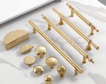 Tiradores de latón macizo con diseño de martillo dorado, tiradores para cajones, armarios, tocadores, armarios, cajones, manijas, manijas de latón