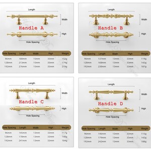 Puede incluir: Cuatro juegos de tiradores dorados para armarios con diferentes dise&ntilde;os. Cada juego incluye un tirador superior e inferior, etiquetados A, B, C y D. Las dimensiones se proporcionan en mil&iacute;metros, incluyendo la distancia entre agujeros, la longitud, el ancho, la altura y el peso.
