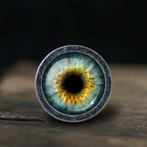 Op de afbeelding: Een close-up van een ronde, zilverkleurige oogbedel met een blauwe, groene en gele iris. Het oog is gezet in een zilveren bezel en heeft een zwarte pupil.