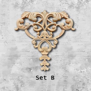 Long Vintage Wood Carving Corner Applique Decorations, Unpainted