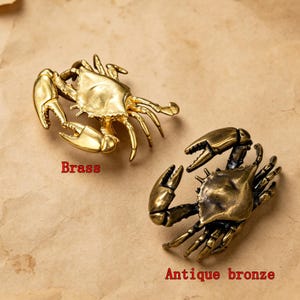 May include: Two crab-shaped decorative objects. One is brass, the other is antique bronze. The brass crab is a bright gold color, while the antique bronze crab is a darker, aged bronze. The word "Brass" is printed below the brass crab. The words "Antique bronze" are printed below the bronze crab.