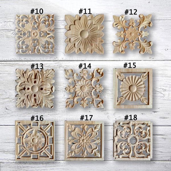 Apliques de rosetas con tallado hueco cuadrado, apliques de madera tallada sin pintar, suministros para tallado de muebles, calcomanías de madera, flor de esquina M8-1