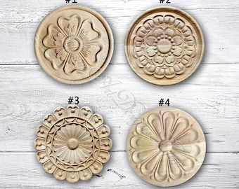 1 Piece Round Rosettes Applique Onlay, Unpainted Wood Carved Applique Onlay, Furniture Carving Supplies, MT1