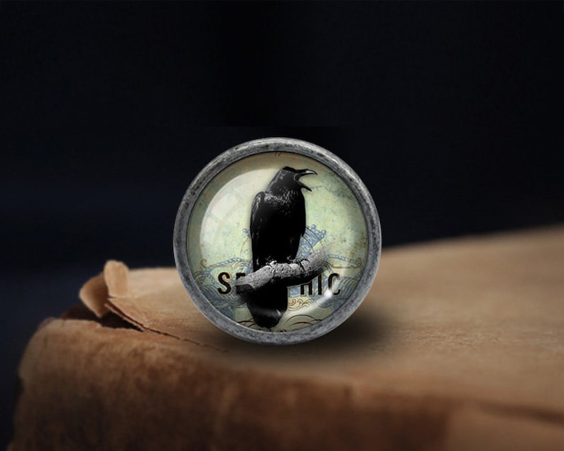 May include: A silver-toned round knob with a glass insert featuring a black raven perched on a branch. The glass insert has a blue and white background with the word "SEPHIC" printed on it.