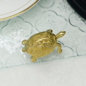 May include: A small gold turtle figurine. The turtle is sitting on a clear glass surface.