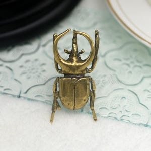 Może przedstawiać: Złota broszka w kształcie chrząszcza o szczegółowym wzorze. Chrząszcz ma duży, zakrzywiony róg na głowie i segmentowane ciało.