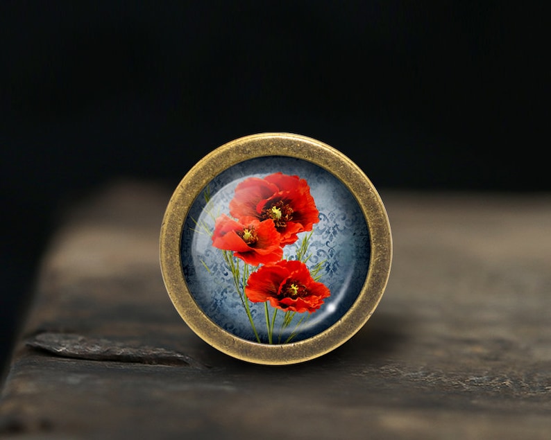 May include: A round, brass-coloured knob with a glass insert featuring a floral design of three red poppies on a blue background.